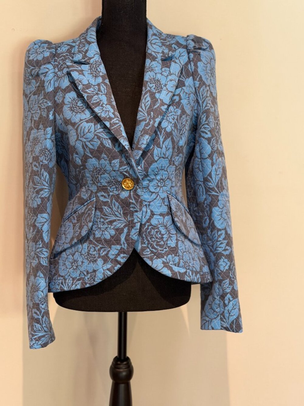 Smythe Indigo Floral Taped Pouf Sleeve One-Button Blazer Size 8 NWT